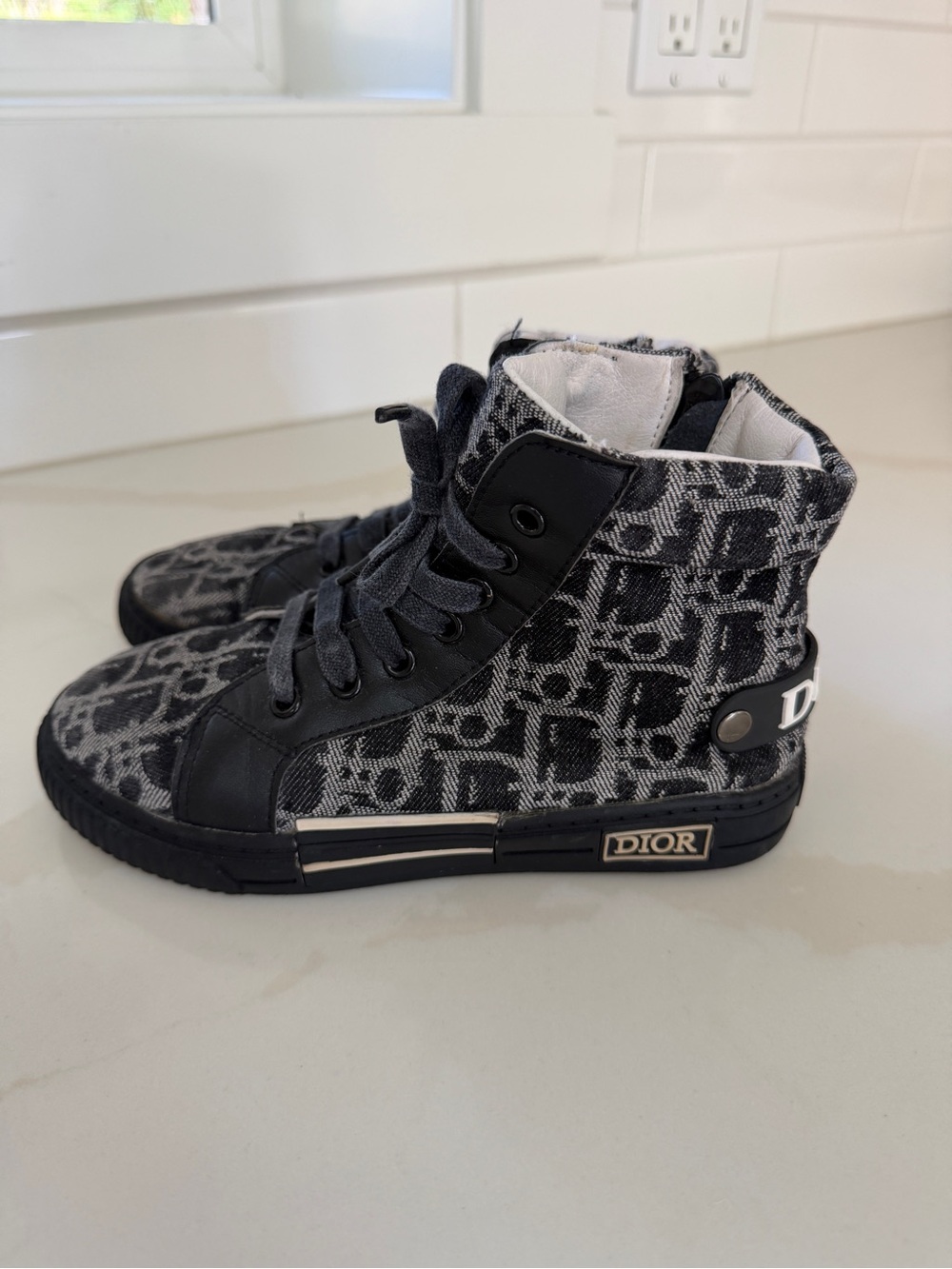 Dior Kids Monogram High-Top Sneakers in Black and Gray